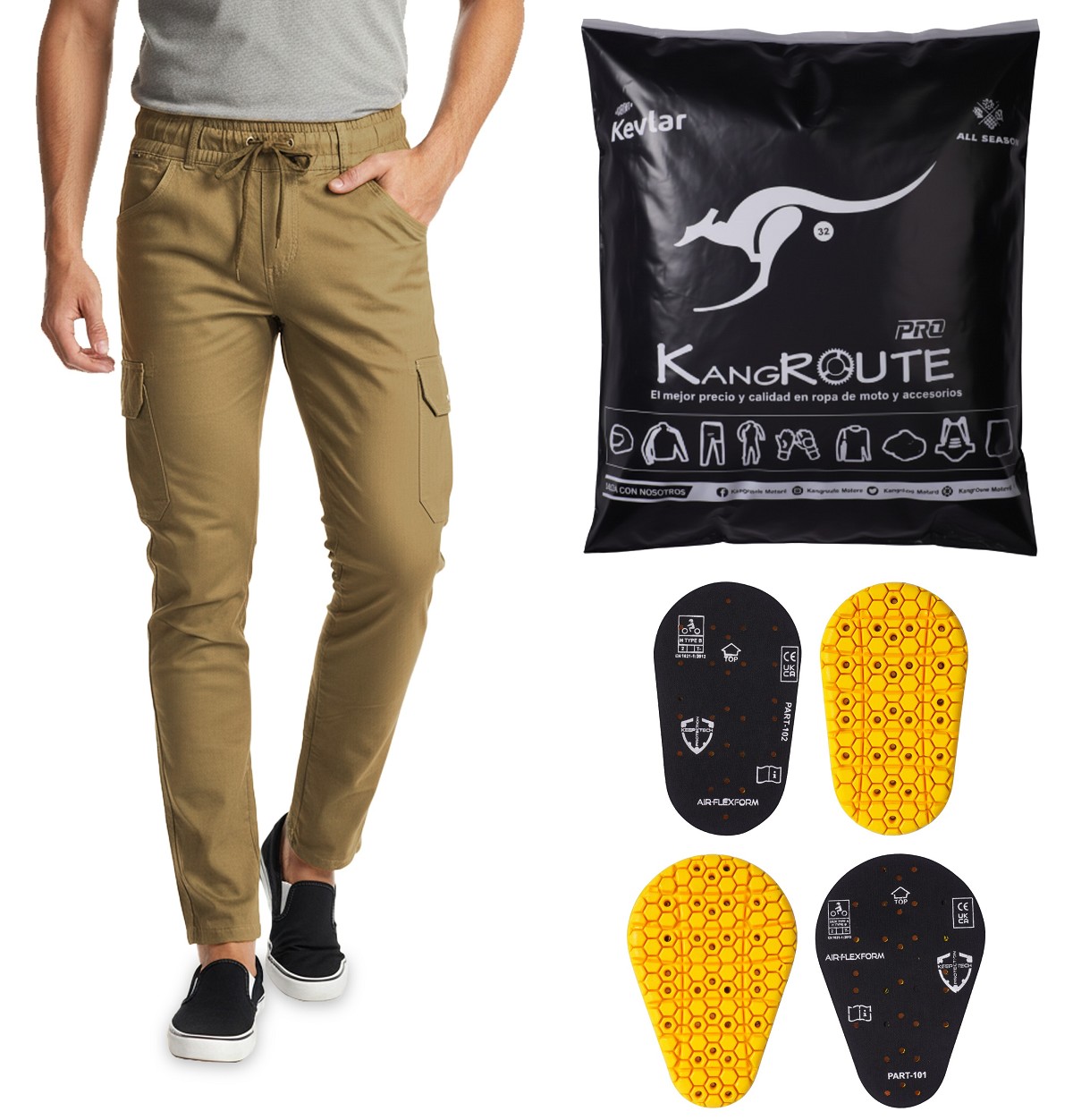 PANTALON DE MOTO VAQUERO ESTILO CHANDAL CARGO UNISEX, EL&Aacute;STICO, 100% FORRADO EN KEVLAR&reg; CON PROTECCIONES GEL CE NIVEL 2